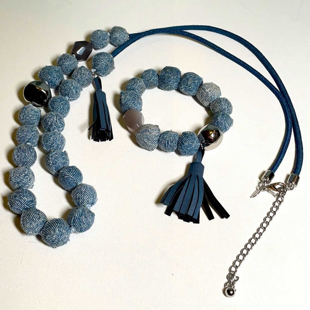 Chico’s denim beaded tassels necklace and bracelet